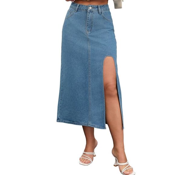 CIMUK Dresses & Skirts - Women's Long Denim Skirt Casual Fall Y2K Midi High Slit Jean Skirts Blue
